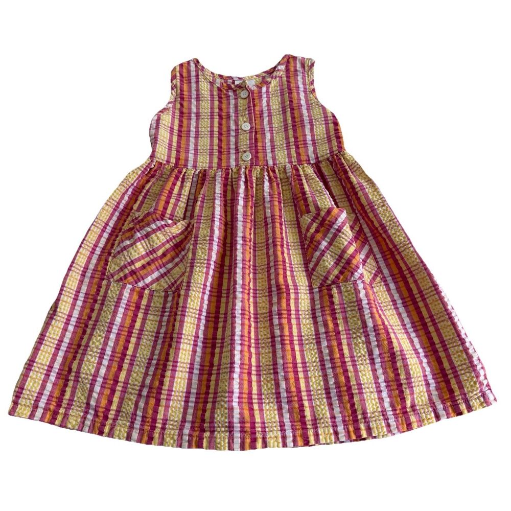 VTG Healthtex Dress Girls Pink Yellow Orange Plaid Seersucker 100% Cotton Sz 6